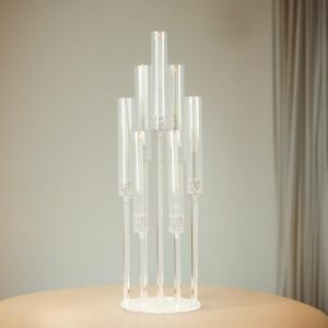 Floor Vase & Candelabra |   7 Arm Clear Acrylic Cluster Round Pillar Candle Stick Stand, 33″ Tall Taper Candle Holder Candelabra With Circular Base Event Props Floor Vase & Candelabra