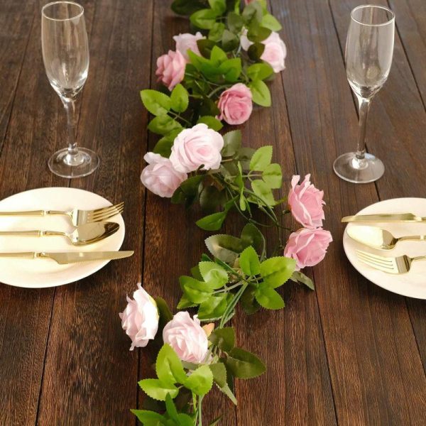 Garlands & Vines |   2 Pack 7ft Blush Dusty Rose Artificial Silk Flower Garland Mini Rose Vines with 26 Flower Heads Artificial Flowers & Greens Garlands & Vines