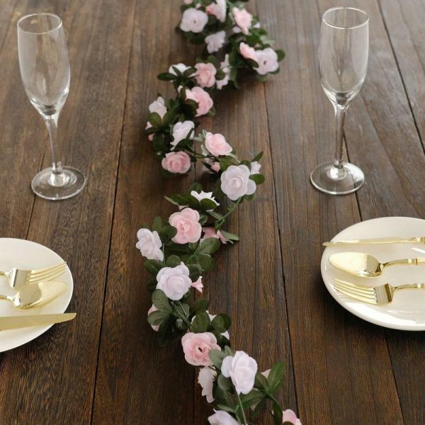 Garlands & Vines |   2 Pack 8ft Blush Dusty Rose Artificial Silk Flower Garland Mini Rose Vines with 45 Flower Heads Artificial Flowers & Greens Dusty Rose