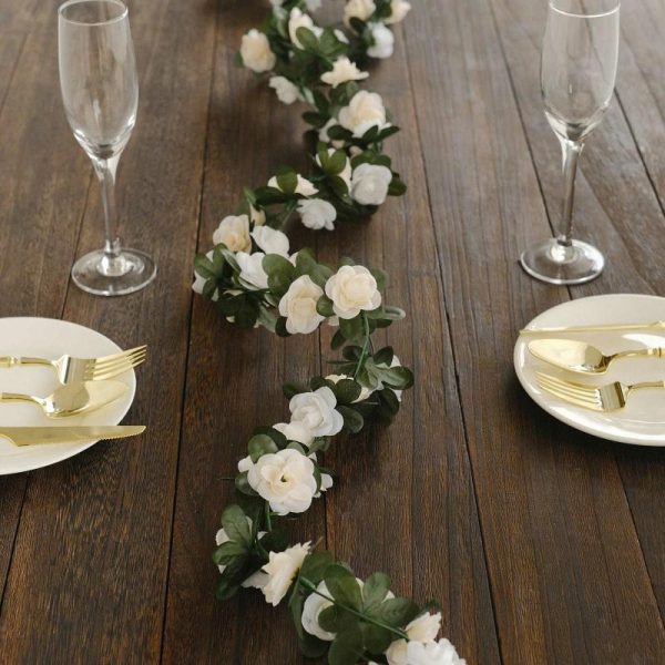 Garlands & Vines |   2 Pack 8ft Cream Ivory Artificial Silk Flower Garland Mini Rose Vines with 45 Flower Heads Artificial Flowers & Greens Garlands & Vines