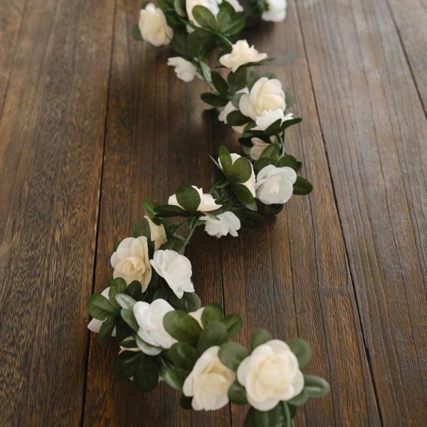 Garlands & Vines |   2 Pack 8ft Cream Ivory Artificial Silk Flower Garland Mini Rose Vines with 45 Flower Heads Artificial Flowers & Greens Garlands & Vines