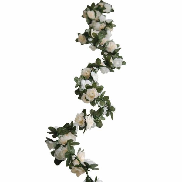 Garlands & Vines |   2 Pack 8ft Cream Ivory Artificial Silk Flower Garland Mini Rose Vines with 45 Flower Heads Artificial Flowers & Greens Garlands & Vines