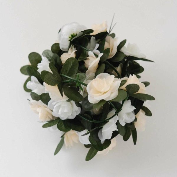 Garlands & Vines |   2 Pack 8ft Cream Ivory Artificial Silk Flower Garland Mini Rose Vines with 45 Flower Heads Artificial Flowers & Greens Garlands & Vines