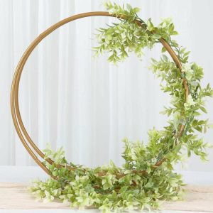 Garlands & Vines |   24″ Gold Metal Double Hoop Wedding Cake Display Stand, Flower Balloon Frame Table Centerpiece Artificial Flowers & Greens Garlands & Vines