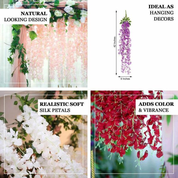 Garlands & Vines |   42″ Pink Artificial Silk Hanging Wisteria Flower Garland Vines, Elaborated 5 Full Strands in 1 Bush Artificial Flowers & Greens Garlands & Vines