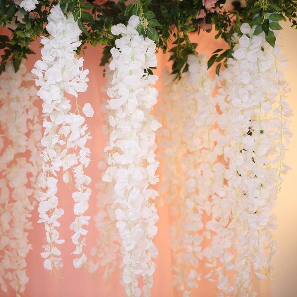 Garlands & Vines |   42″ White Artificial Silk Hanging Wisteria Flower Garland Vines – Elaborated 5 Full Strands in 1 Bush Artificial Flowers & Greens Garlands & Vines