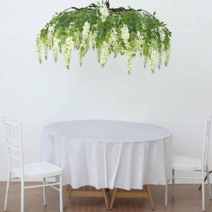 Garlands & Vines |   55″ Cream Artificial Silk Hanging Wisteria Vine Flower Chandelier, Round Draping Garland Canopy With Interchangeable Branches Artificial Flowers & Greens Garlands & Vines