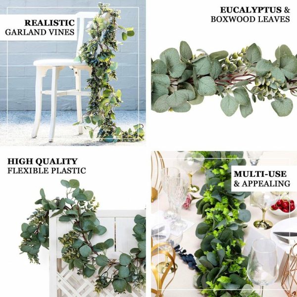 Garlands & Vines |   6.5ft Frosted Green Artificial Silk Eucalyptus Leaf Garland Vine Artificial Flowers & Greens Garlands & Vines