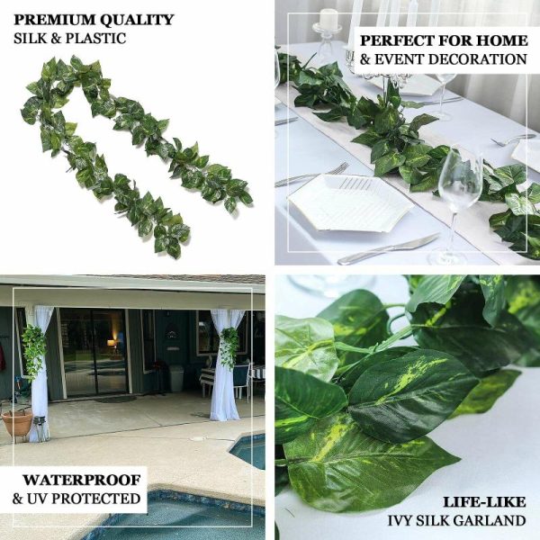 Garlands & Vines |   8ft Green UV Protected Artificial Silk Ivy Leaf Garland Vine, Outdoor Indoor Artificial Flowers & Greens Garlands & Vines