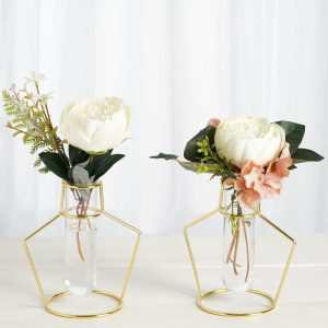 Glass & Metal Floral Vases |   2 Pack 6.5″ Geometric Gold Metal Frame Test Tube Vase Flower Stands Chargers & Centerpieces Glass & Metal Floral Vases