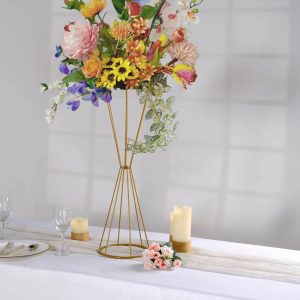 Glass & Metal Floral Vases |   27″ Dual Cone Reversible Gold Metal Geometric Flower Stand, Wedding Vase Pedestal, Column Centerpiece Chargers & Centerpieces Glass & Metal Floral Vases