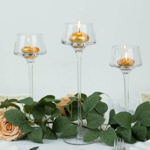 Glass & Metal Floral Vases |   Set of 3 Long-Stem Clear Glass Tealight Disc Candle Holders, Tall Pedestal Table Vase Centerpieces – 8″, 9″, 10″ Chargers & Centerpieces Glass & Metal Floral Vases