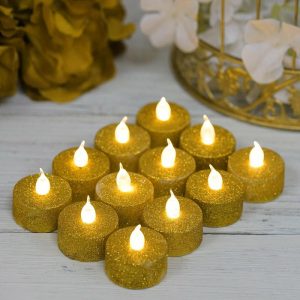 LED & Wax Candles |   12 Pack Gold Glitter Flameless LED Candles Battery Operated Tea Light Candles LED & Wax Candles Gold