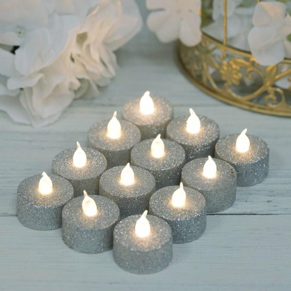 LED & Wax Candles |   12 Pack Silver Glittered Flameless LED Tealight Candles, Battery Operated Reusable Candles LED & Wax Candles LED & Wax Candles