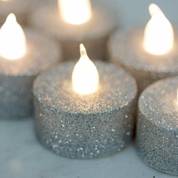 LED & Wax Candles |   12 Pack Silver Glittered Flameless LED Tealight Candles, Battery Operated Reusable Candles LED & Wax Candles LED & Wax Candles