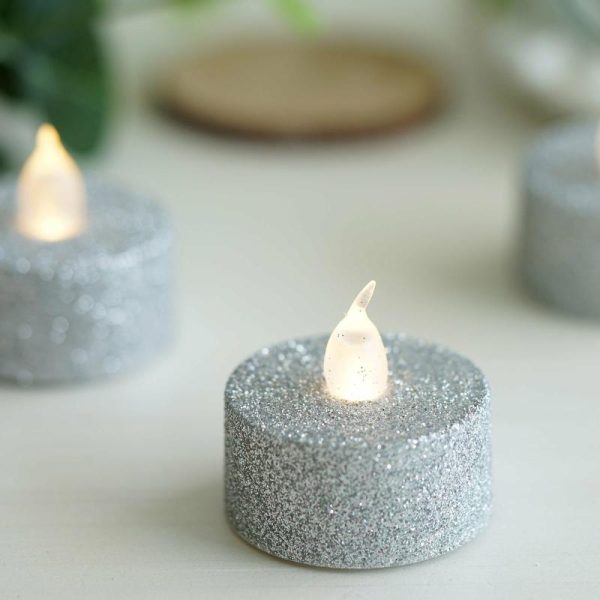 LED & Wax Candles |   12 Pack Silver Glittered Flameless LED Tealight Candles, Battery Operated Reusable Candles LED & Wax Candles LED & Wax Candles