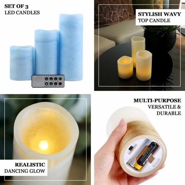 LED & Wax Candles |   Set of 3 Blue Flameless LED Pillar Candles, Remote Operated Battery Powered – 4″, 6″, 8″ LED & Wax Candles Blue