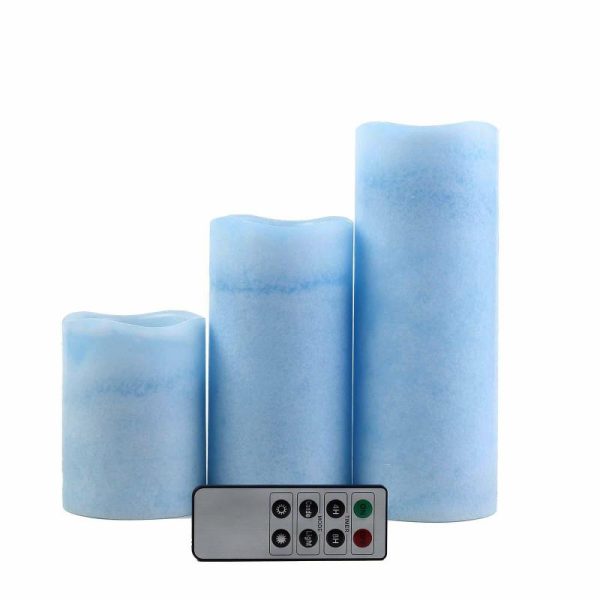 LED & Wax Candles |   Set of 3 Blue Flameless LED Pillar Candles, Remote Operated Battery Powered – 4″, 6″, 8″ LED & Wax Candles Blue