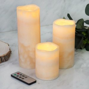 LED & Wax Candles |   Set of 3 Ivory Flameless LED Pillar Candles, Remote Operated Battery Powered – 4″, 6″, 8″ LED & Wax Candles Ivory