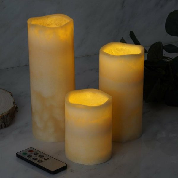 LED & Wax Candles |   Set of 3 Ivory Flameless LED Pillar Candles, Remote Operated Battery Powered – 4″, 6″, 8″ LED & Wax Candles Ivory