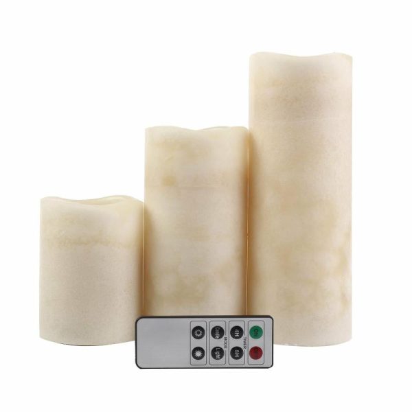 LED & Wax Candles |   Set of 3 Ivory Flameless LED Pillar Candles, Remote Operated Battery Powered – 4″, 6″, 8″ LED & Wax Candles Ivory