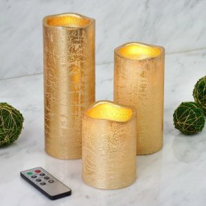 LED & Wax Candles |   Set of 3 Metallic Gold Flameless LED Pillar Candles, Remote Operated Battery Powered – 4″, 6″, 8″ LED & Wax Candles Gold