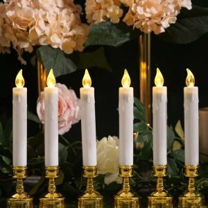 LED & Wax Candles |   Set of 6 10″ White Flickering Flameless LED Taper Candles with Removable Gold Candle Holders, Battery Operated Window Candles LED & Wax Candles LED & Wax Candles