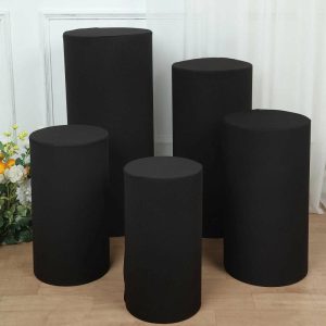 Pedestal Prop Covers |   Set of 5 Black Cylinder Stretch Fitted Pedestal Pillar Prop Covers, Spandex Plinth Display Box Stand Covers – 160 GSM Event Props Black