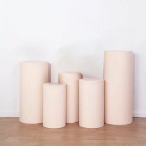 Pedestal Prop Covers |   Set of 5 Blush Cylinder Stretch Fitted Pedestal Pillar Prop Covers, Spandex Plinth Display Box Stand Covers – 160 GSM Event Props Pedestal Prop Covers