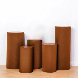 Pedestal Prop Covers |   Set of 5 Cinnamon Brown Cylinder Stretch Fitted Pedestal Pillar Prop Covers, Spandex Plinth Display Box Stand Covers – 160 GSM Event Props Pedestal Prop Covers