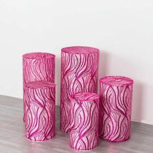 Pedestal Prop Covers |   Set of 5 Fuchsia Silver Wave Mesh Cylinder Pedestal Prop Covers With Embroidered Sequins, Premium Pillar Display Box Stand Covers Event Props Pedestal Prop Covers