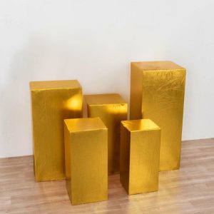 Pedestal Prop Covers |   Set of 5 Gold Metallic Spandex Rectangular Pedestal Pillar Prop Covers, Shiny Stretchable Display Box Stand Covers – 130 GSM Event Props Gold