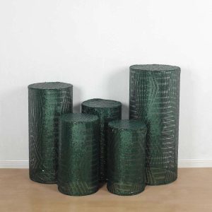 Pedestal Prop Covers |   Set of 5 Hunter Emerald Green Sequin Mesh Cylinder Pedestal Pillar Prop Covers with Geometric Pattern Embroidery, Sparkly Sheer Tulle Display Box Stand Covers Event Props Hunter Emerald Green