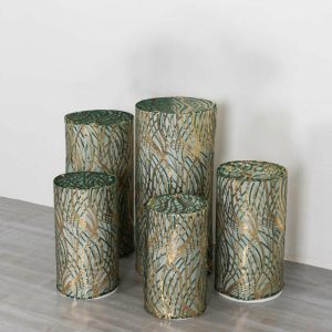 Pedestal Prop Covers |   Set of 5 Hunter Green Wave Mesh Cylinder Pedestal Prop Covers With Gold Embroidered Sequins, Premium Emerald Pillar Display Box Stand Covers Event Props Pedestal Prop Covers