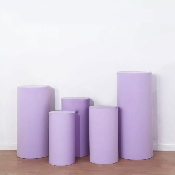 Pedestal Prop Covers |   Set of 5 Lavender Cylinder Stretch Fitted Pedestal Pillar Prop Covers, Spandex Plinth Display Box Stand Covers – 160 GSM Event Props Lavender