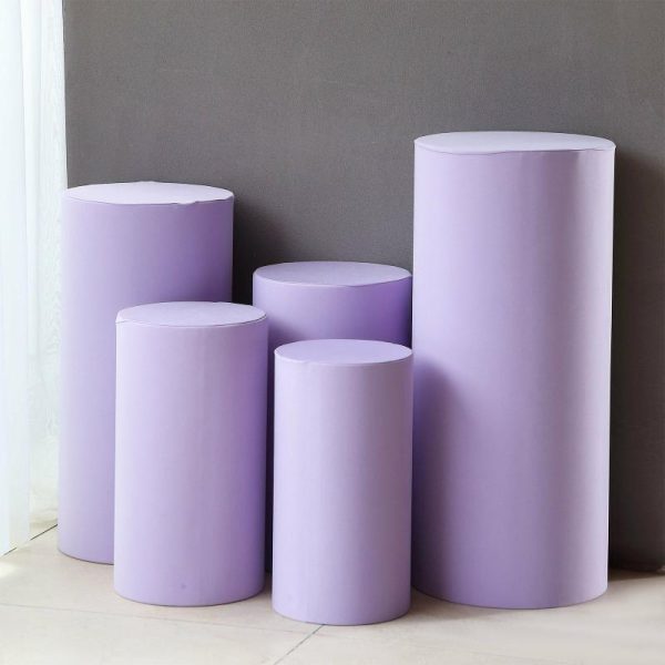 Pedestal Prop Covers |   Set of 5 Lavender Cylinder Stretch Fitted Pedestal Pillar Prop Covers, Spandex Plinth Display Box Stand Covers – 160 GSM Event Props Lavender