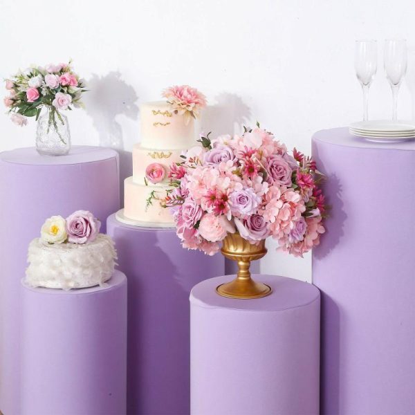 Pedestal Prop Covers |   Set of 5 Lavender Cylinder Stretch Fitted Pedestal Pillar Prop Covers, Spandex Plinth Display Box Stand Covers – 160 GSM Event Props Lavender