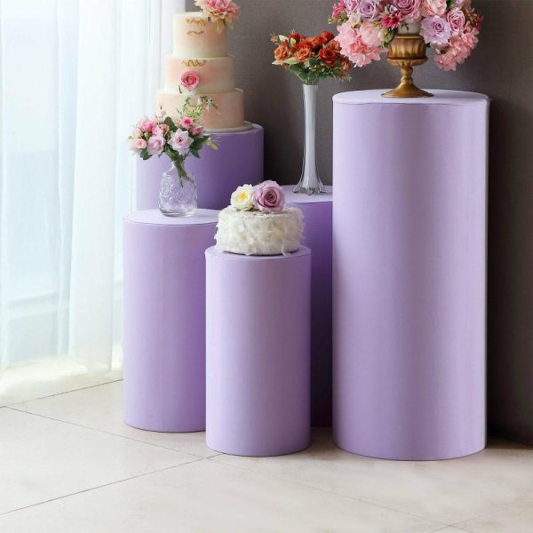 Pedestal Prop Covers |   Set of 5 Lavender Cylinder Stretch Fitted Pedestal Pillar Prop Covers, Spandex Plinth Display Box Stand Covers – 160 GSM Event Props Lavender