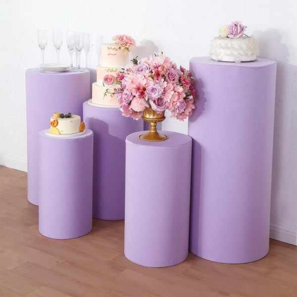 Pedestal Prop Covers |   Set of 5 Lavender Cylinder Stretch Fitted Pedestal Pillar Prop Covers, Spandex Plinth Display Box Stand Covers – 160 GSM Event Props Lavender