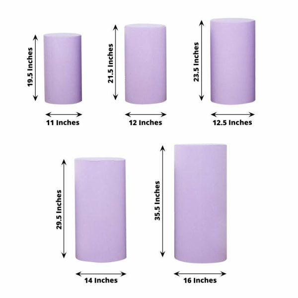 Pedestal Prop Covers |   Set of 5 Lavender Cylinder Stretch Fitted Pedestal Pillar Prop Covers, Spandex Plinth Display Box Stand Covers – 160 GSM Event Props Lavender