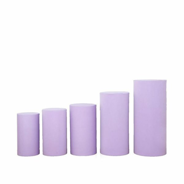 Pedestal Prop Covers |   Set of 5 Lavender Cylinder Stretch Fitted Pedestal Pillar Prop Covers, Spandex Plinth Display Box Stand Covers – 160 GSM Event Props Lavender