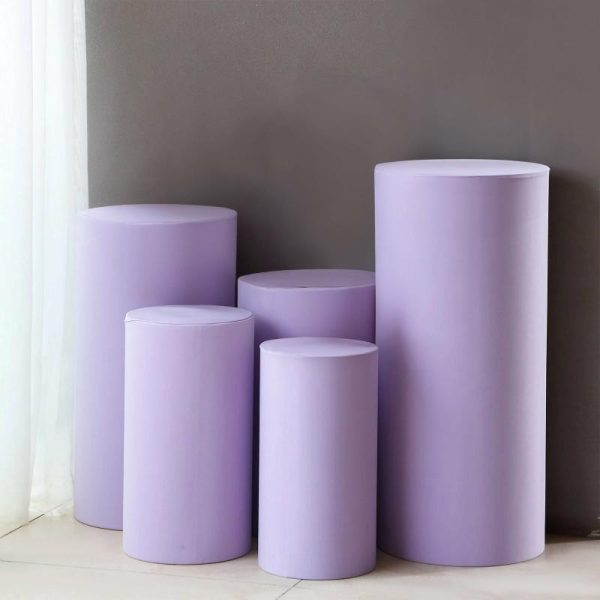 Pedestal Prop Covers |   Set of 5 Lavender Cylinder Stretch Fitted Pedestal Pillar Prop Covers, Spandex Plinth Display Box Stand Covers – 160 GSM Event Props Lavender