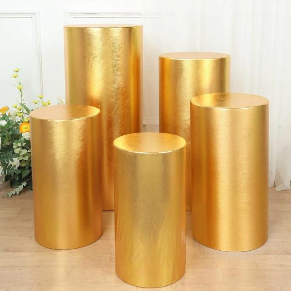 Pedestal Prop Covers |   Set of 5 Metallic Gold Cylinder Stretch Fit Pedestal Pillar Covers, Spandex Plinth Display Box Stand Covers – 130 GSM Event Props Gold