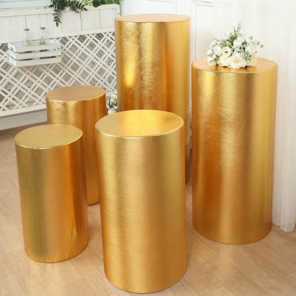 Pedestal Prop Covers |   Set of 5 Metallic Gold Cylinder Stretch Fit Pedestal Pillar Covers, Spandex Plinth Display Box Stand Covers – 130 GSM Event Props Gold