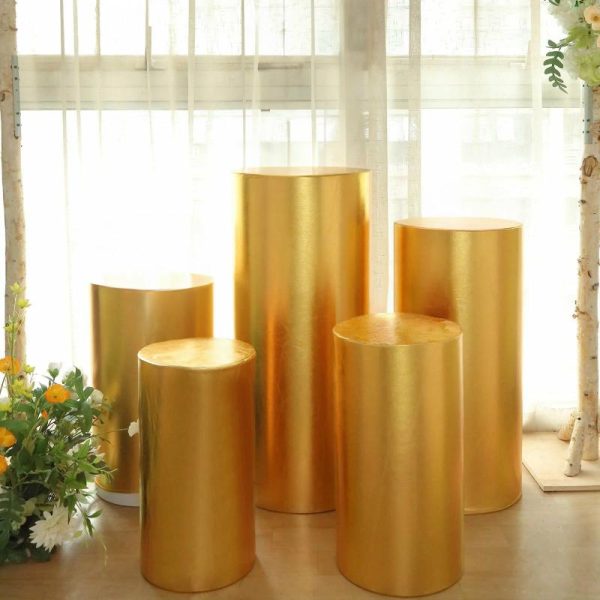 Pedestal Prop Covers |   Set of 5 Metallic Gold Cylinder Stretch Fit Pedestal Pillar Covers, Spandex Plinth Display Box Stand Covers – 130 GSM Event Props Gold