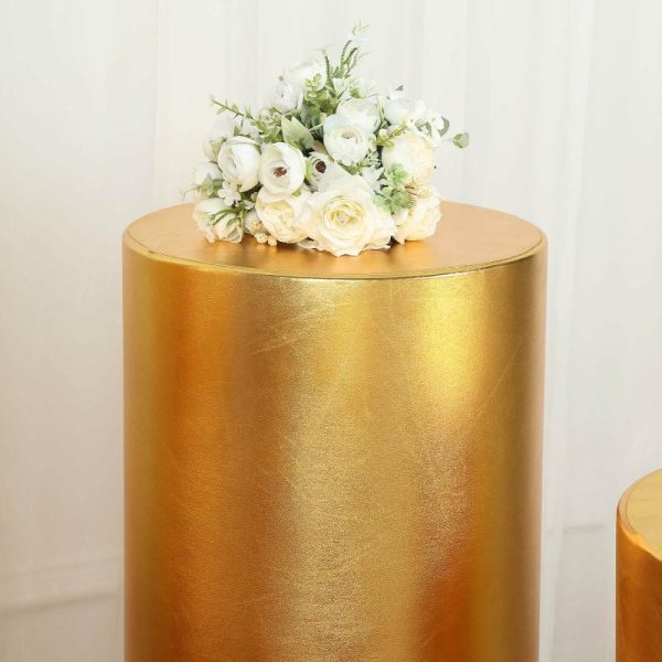 Pedestal Prop Covers |   Set of 5 Metallic Gold Cylinder Stretch Fit Pedestal Pillar Covers, Spandex Plinth Display Box Stand Covers – 130 GSM Event Props Gold