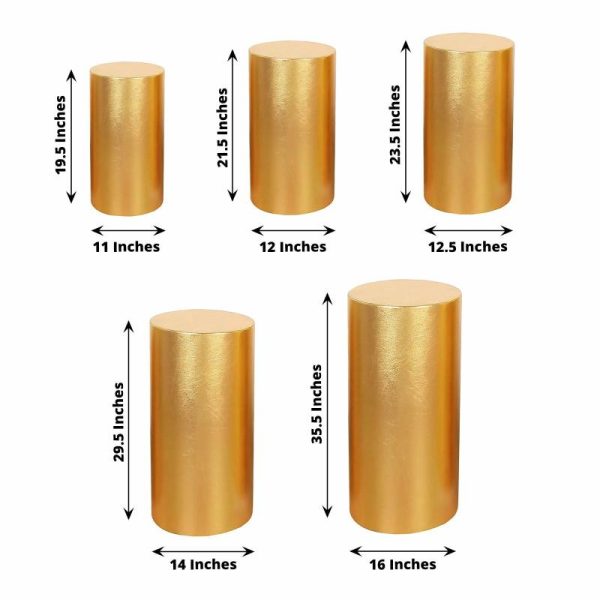 Pedestal Prop Covers |   Set of 5 Metallic Gold Cylinder Stretch Fit Pedestal Pillar Covers, Spandex Plinth Display Box Stand Covers – 130 GSM Event Props Gold