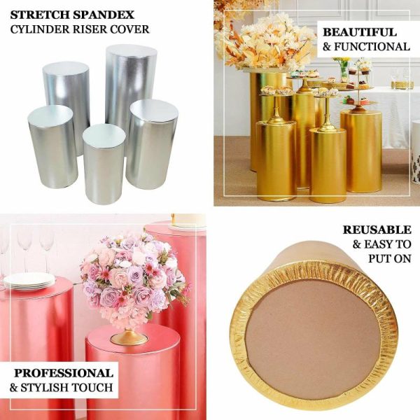 Pedestal Prop Covers |   Set of 5 Metallic Gold Cylinder Stretch Fit Pedestal Pillar Covers, Spandex Plinth Display Box Stand Covers – 130 GSM Event Props Gold