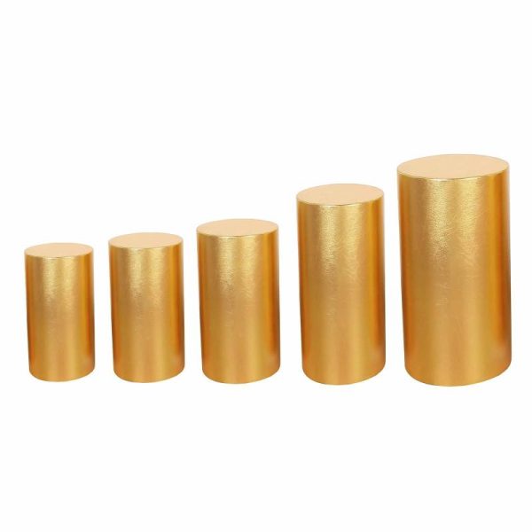 Pedestal Prop Covers |   Set of 5 Metallic Gold Cylinder Stretch Fit Pedestal Pillar Covers, Spandex Plinth Display Box Stand Covers – 130 GSM Event Props Gold