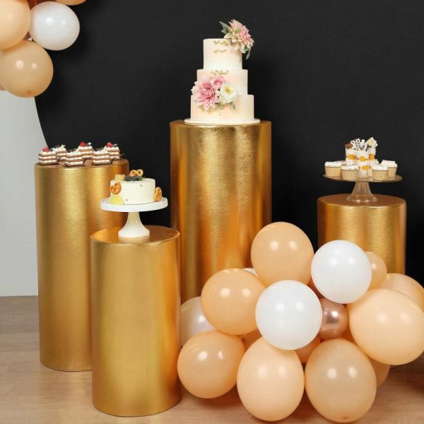 Pedestal Prop Covers |   Set of 5 Metallic Gold Cylinder Stretch Fit Pedestal Pillar Covers, Spandex Plinth Display Box Stand Covers – 130 GSM Event Props Gold